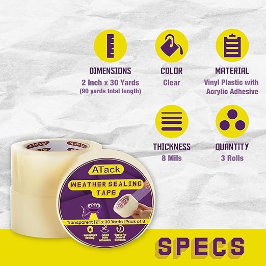 ATack Weather Seal Tape for Windows and Doors 2" x 30yds (3-Pack) - Keep Cold Out for Winter, Residue-Free Stripping, Air Conditioner Sealing