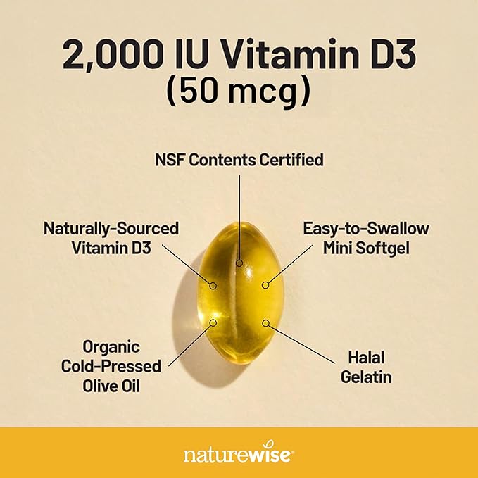 NatureWise Vitamin D3 2000iu (50 mcg) 200-Day Supply for Immune Support, Healthy Muscle Function, and Bone Health - Non-GMO, Gluten Free in Organic Extra Virgin Olive Oil, (Mini Softgel), 200 Count