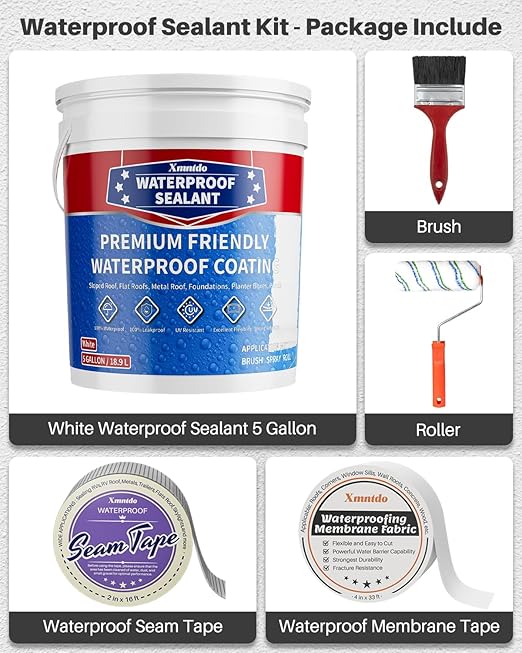 Polyurethane Waterproof Coating 5 Gallon White, Large Capacity for Large Area Cracks & Leaks Repair Coating for Pools, Roofs, Decks, Walls, Durable Water-Based Polyurethane Waterproof Sealant