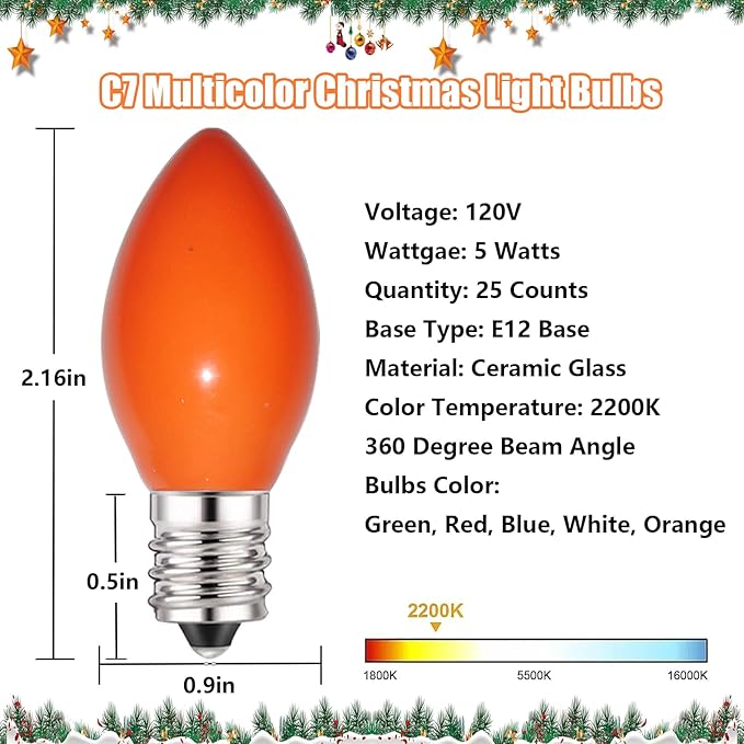 C7 Multicolor Christmas Replacement Bulbs, 25 Pack Multicolor Ceramic Light Bulbs Vintage Christmas Light Bulbs for C7 String Lights Night Light Candle Lamps, E12 Candelabra Base, 5 Watts