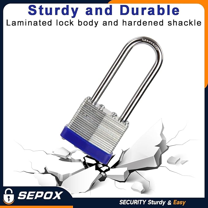 SEPOX® Lucky-12Pcs Set Keyed-Alike Laminated Steel Padlocks with Same-Key, Long-Shackle, 1-9/16" 40MM Heavy-Duty Padlock Body, 12Pcs of Locks with 28Pcs Key with Big Handle for Lockers-Lock, Fence
