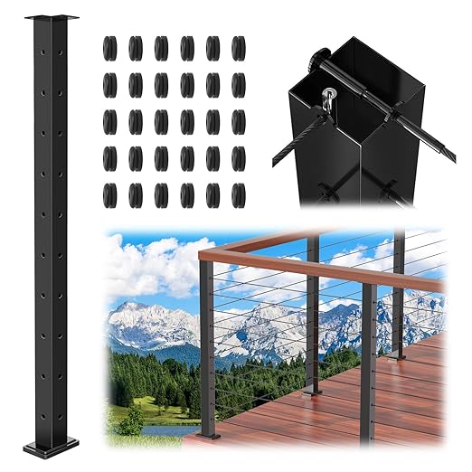 36" T304 T-drilled Cable Railing Corner Post(Post 35"x2"x2"), Three Sides Wire Railing Post with Cable Grommets, Fixed Top Mount Stainless Steel Black Finish Deck Staircase Post