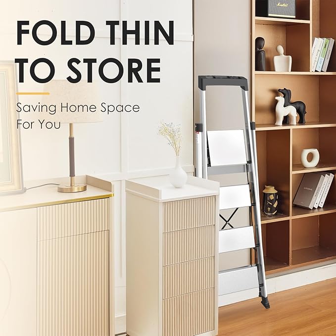 HBtower 4 Aluminum Step Ladder, Strudy Ladders for Home with Tool Tray, Anti-Slip Folding Step Stool for Adults, Light Weight Portable 330lbs Safety for Kitchen Warehouse Outdoor Work