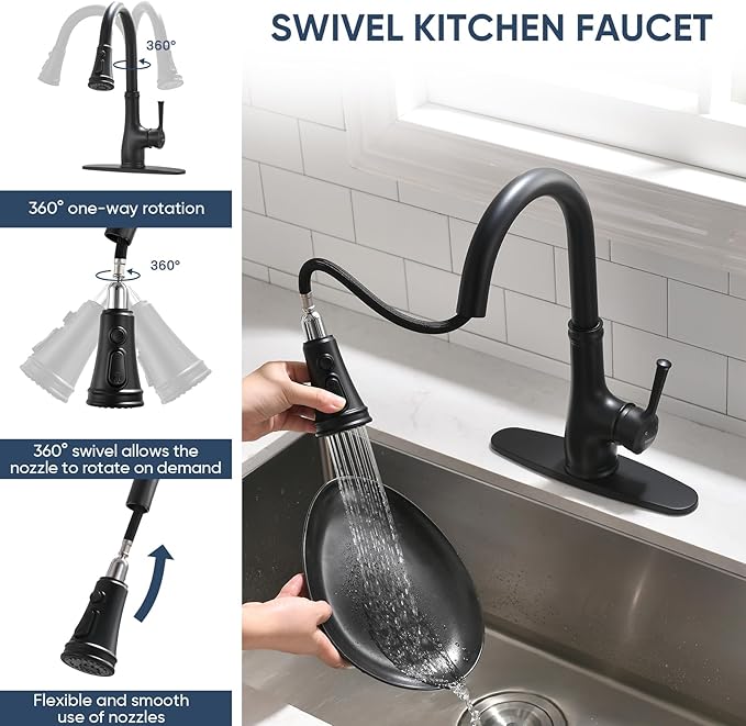 WEWE Vintage Kitchen Faucet with Pull Down Sprayer, Stainless Steel 1 or 3 Hole High Arc Single Handle Antique Sink Faucet for Classic Modern Ktichen, Matte Black