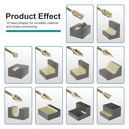 10Pcs 1/4'' Shank Double Cut Burr Set, Carbide Rotary Files Bits for Die Grinder Metal Wood Concrete Plastic Grinding Carving Engraving Drilling Polishing Cutting