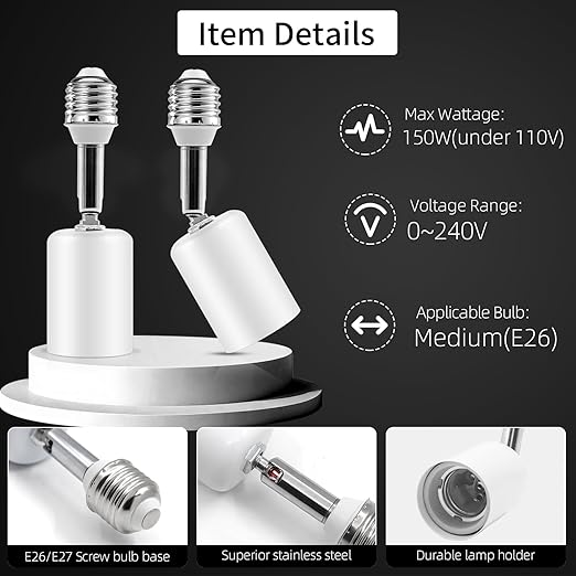 Ceramic E26 Light Bulb Socket Extender - 5.5inch Long - 90 Degree Angle Adjustable- 150W Max and Fire-Resistant - Light Extension for Medium Bulb Socket (2)