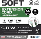 Iron Forge Cable Weatherproof 50 Ft Outdoor Extension Cord - 14/3 SJTW 15 Amp Heavy Duty Green Extension Cord 3 Prong - Lighted End