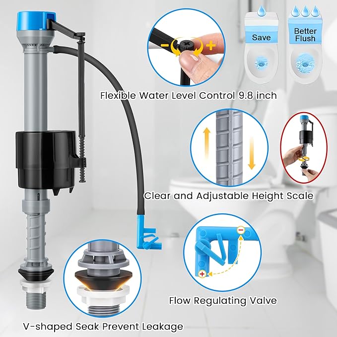 Saillong 3 Inch Universal Toilet Tank Replacement Kit, Toilet Flusher Fill Valve with Low Flow Flapper Repair Kit, Side Mount Flush Brass Handle, Adjustable Water Level, Easy to Install(Blue)