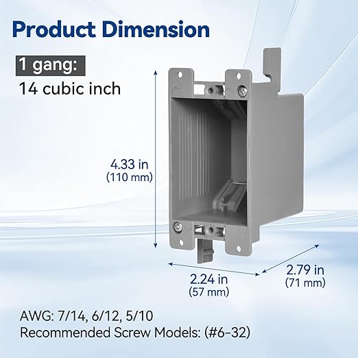 Old Work Box 1 Gang, 14 CU. in. Drywall Electrical Box, PVC, UL Listed, 6 Pack