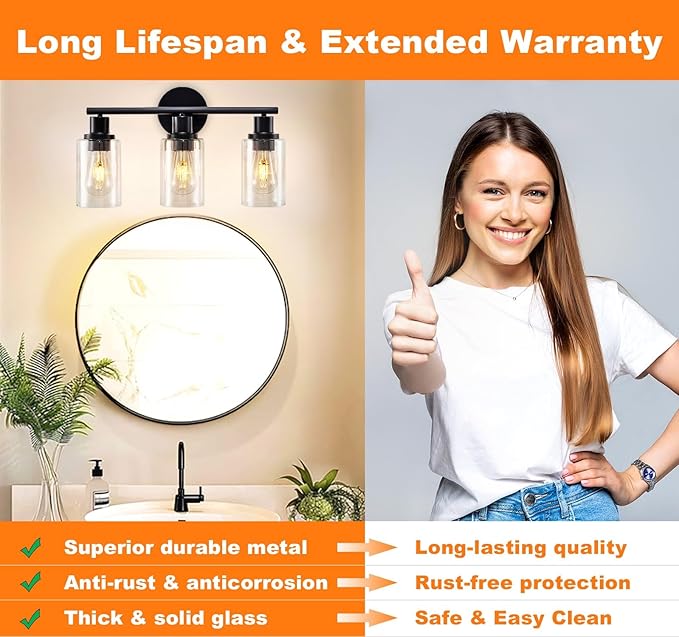 DLLT 3-Light Bathroom Light Fixtures: Black Modern Vanity Lights with 3 E26 Bulbs - Clear Glass Shade Bathroom Wall Lamp for Mirror Kitchen Living Room Hallway Cabinet Porch