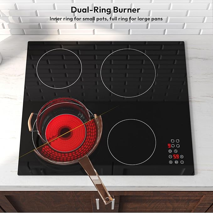 Empava 24 Inch Electric Cooktop 4 Burners with Dual-Ring Zone, Timer, Child Lock, Stop & Go, Built-in Ceramic Glass, 208~240V Hardwired