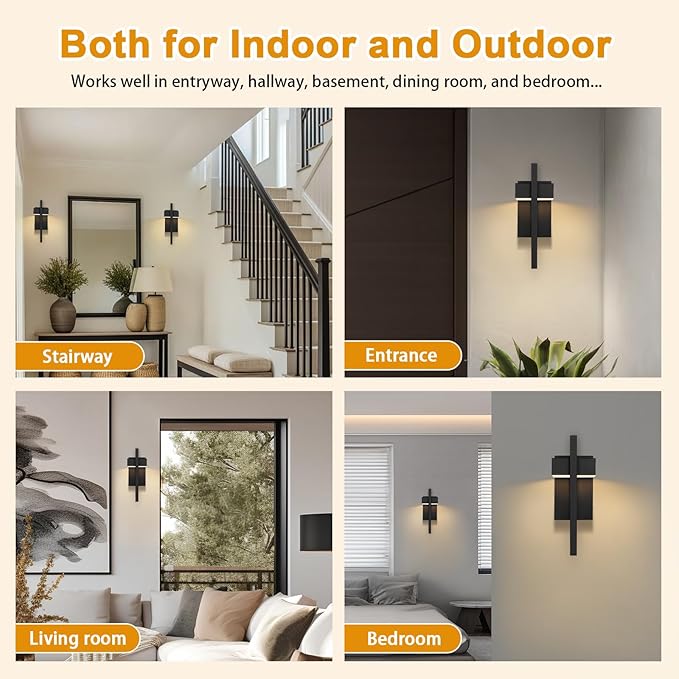 LamQee Outdoor Wall Lights Modern Exterior Lighting Fixtures, 3000K Integrated LED Outdoor Wall Sconce Lighting 2 Packs, Matte Black Outside Wall Mount Lights for House Front Door Porch Garage Patio