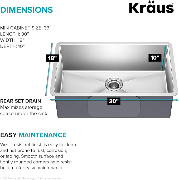 KRAUS Standart Pro 30 -inch Undermount Single Bowl 16 Gauge Stainless Steel Kitchen Sink, KHU100-30