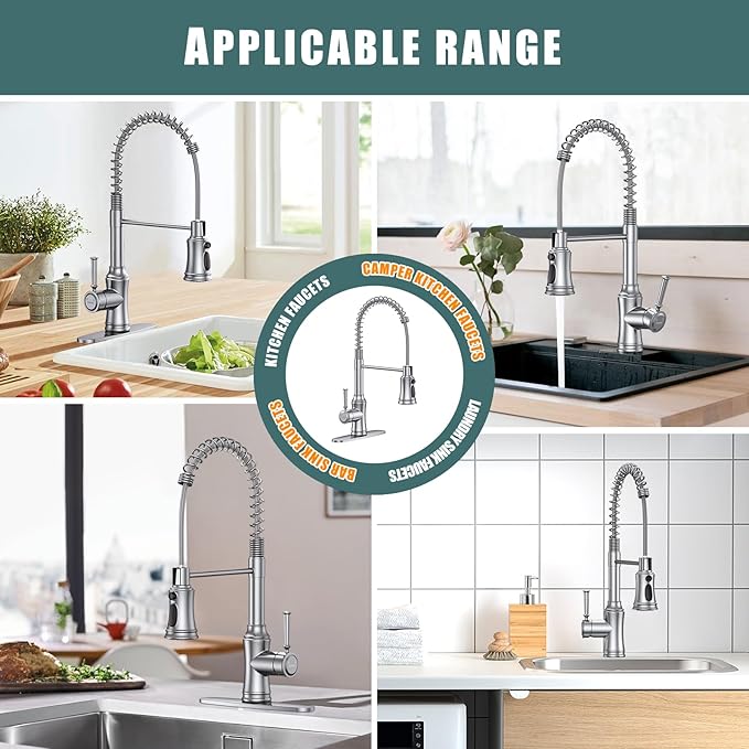 Kitchen Faucet with Pull Down Sprayer, Hurran Commercial Stainless Steel Kithcen Faucets, Single Handle Spring Faucets for Kitchen Sink, Sink Faucet for Farmhouse Wet Bar or RV, Brushed Nickel