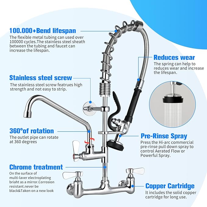 25" Height Commercial Faucet with Sprayer, Commercial Sink Faucet 8" Adjustable Center 12" Swing Spout, Commercial Wall Mount Faucet with Pre-Rinse Sprayer for Restaurant Industrial (25In)