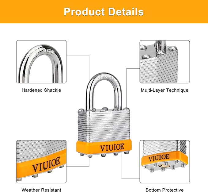4 Pcs Laminated Padlocks with Same Key for Door, Luggage, Gate, Storage, Fence, Cabinet, Garage, Shed, Latch - Weather Resistant