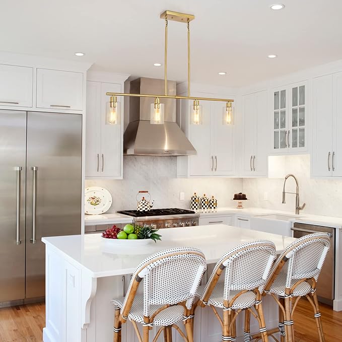 Modern Gold Kitchen Island Chandelier 4-Light Brushed Brass Farmhouse Pendant Light Industrial Kitchen Island Lighting Fixture with Glass Shades Hanging Lamp for Dining Living Room