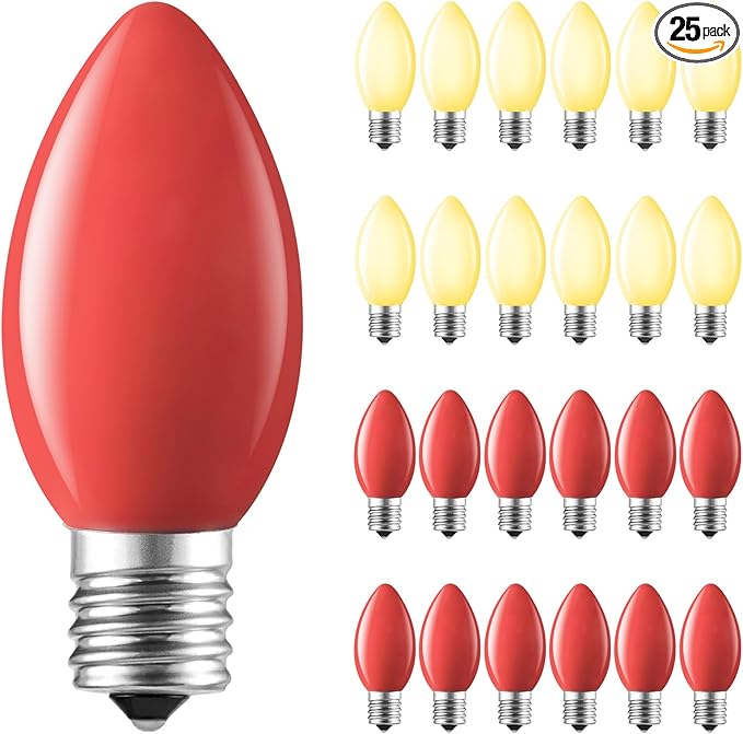 Brightown C9 LED Replacement Christmas Bulbs, 25 Pack Red and Warm White Shatterproof C9 Bulbs, Waterproof Commercial LED Holiday Bulb for Christmas String Light, E17 Intermediate Base, Dimmable