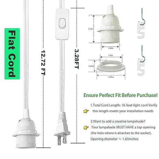 Plug in Light Socket - 16Ft Pendant Light Cord Kit E26/E27 Light Socket Hanging Lantern Lamp Cord with On/Off Switch,Socket Rings, 2 Pack, White