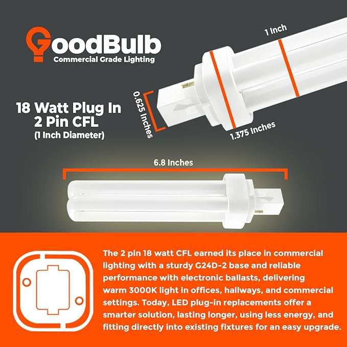 GoodBulb 18 Watt CFL Light Bulbs 2 Pin G24D-2 Base 3000K Warm White 18W High Output 1200 Lumens Double Tube Compact Fluorescent Light Bulbs Plug-in 10 Pack