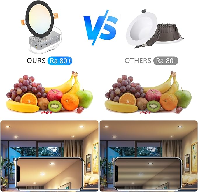 LVWIT 12 Pack Ultra-Thin Recessed Lighting 6 Inch with Junction Box, 1200LM 2700K-5000K 5CCT LED Ceiling Lights, Dimmable Canless Wafer Downlight, ETL,FCC&IC, Smooth Trim, Black