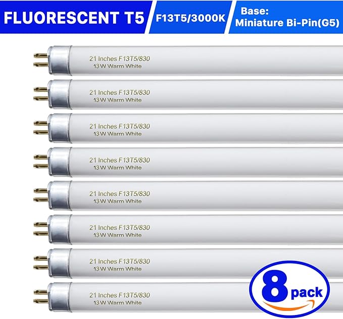 8 Pack 21 Inch T5 Fluorescent Light Bulb 13 Watt F13T5/WW Compatible with Sylvania Satco Philips GE Under Cabinet Tube Light Warm White 800 Lumen G5 Base 8 Count