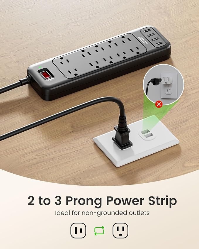 LENCENT 2 Prong Surge Protector Power Strip with USB Ports,Polarized 2 Prong to 3 Prong Outlet Adapter,1700J Surge Protector, 6ft Extension Cord,10 AC Outlets & 4 USB,Non-Grounded Wall Plug Extender