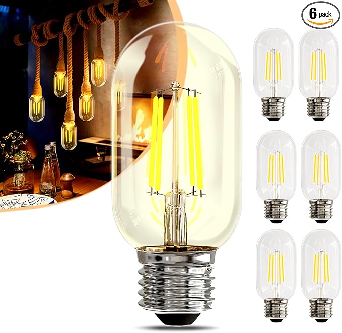 T45 LED Edison Bulbs, 6 Pack, 40W Equivalent, 2700K Warm White Cozy Light, 4W E26 Base LED Bulbs, Dimmable, Clear Glass Light Bulb for Chandelier Light Fixtures