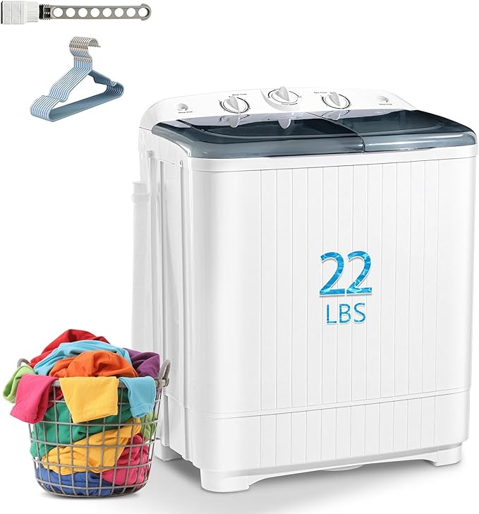 Portable Mini Twin Tub 22lbs Washing Machine With Drying Rack& 10 Hangers, 13lbs Washer & 9lbs Spinner, Small Laundry Washer with Time Control for Camping, Apartments, RV (22lbs)