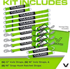 VULCAN Complete Axle Strap Tie Down Kit with Snap Hook Ratchet Straps - High-Viz - Includes (4) 22 and (4) 36 Inch Axle Tie Downs, and (4) 8' Snap Hook Straps