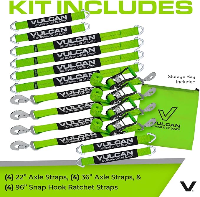 VULCAN Complete Axle Strap Tie Down Kit with Snap Hook Ratchet Straps - High-Viz - Includes (4) 22 and (4) 36 Inch Axle Tie Downs, and (4) 8' Snap Hook Straps
