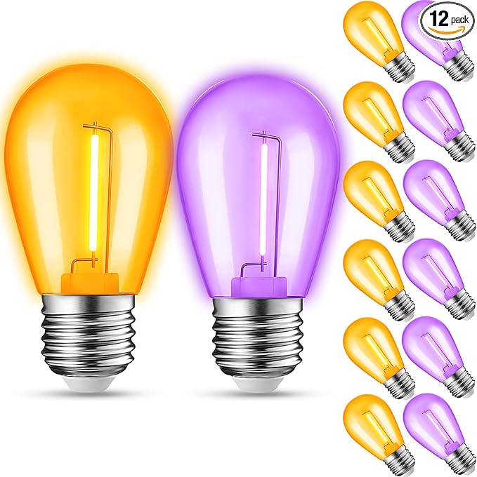 12-Pack Orange Purple String Light Bulbs, Patio String Light Replacement Bulbs for Outdoor Indoor, 1W E26 Base S14 LED Bulbs for Christmas Halloween,Holiday,Home Decor(6 Orange + 6 Purple)