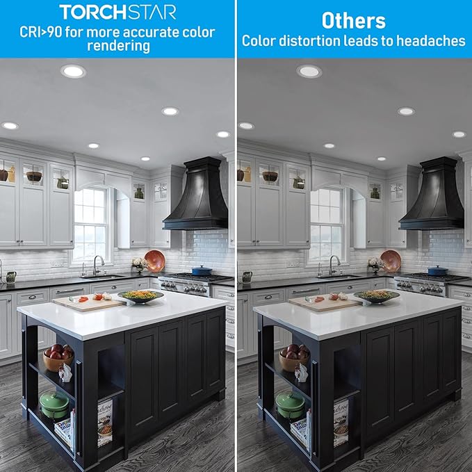 TORCHSTAR 12-Pack 6 Inch 5CCT LED Recessed Lighting with Night Light, Anti-Glare Baffle Trim, 2700K3000K3500K4000K5000K, High CRI90, 12W Dimmable Ultra-Thin Canless Wafer Downlight, ETL