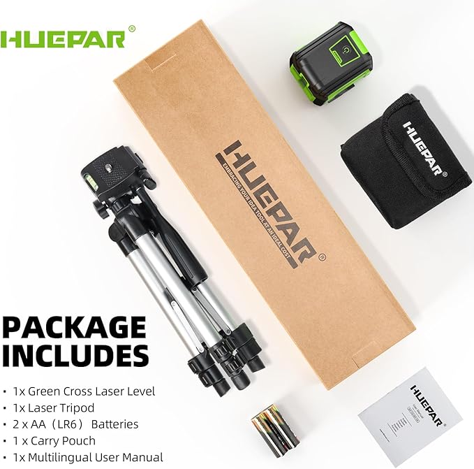 Laser Level with Tripod, HUEPAR 98Ft Self Leveling Laser Level Green Line Laser Cross Line Laser Leveler Tool for Picture Hanging, Tile, Home Renovation, Indoor Project, Battery&Carrying Bag Included