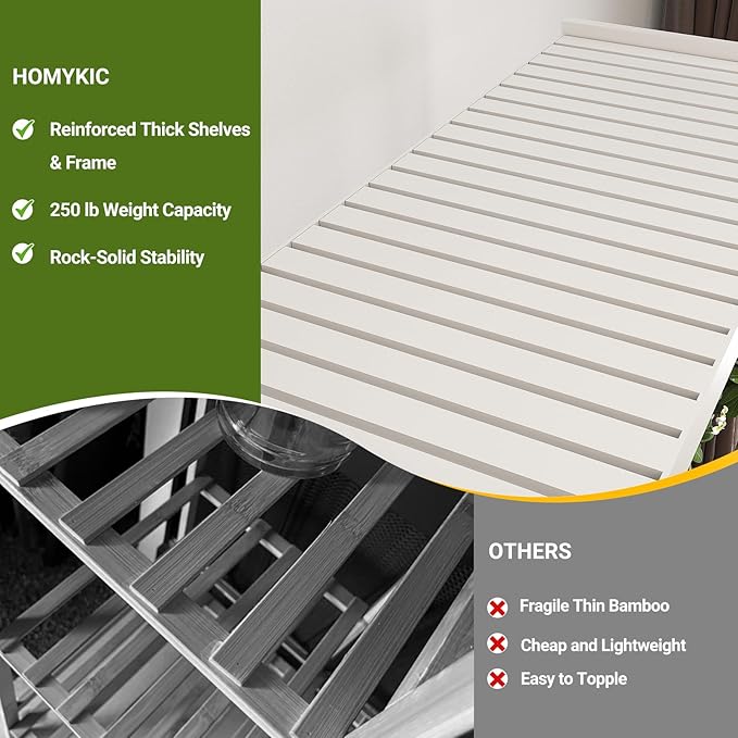 Homykic Bamboo Clothes Rack with Shelves and Double Hang Rods, Portable Closet System Garment Rack for Hanging Clothes, Tall Clothing Rack Corner Closet Organizer, Easy to Built, Freestanding, White