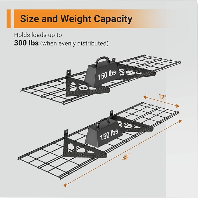 1x4 ft Garage Shelving, 2-Pack Wall-Mounted Shelves for Garage, Kitchen, Pantry Storage, 300 lbs Total Load Capacity Wall Shelving, Black