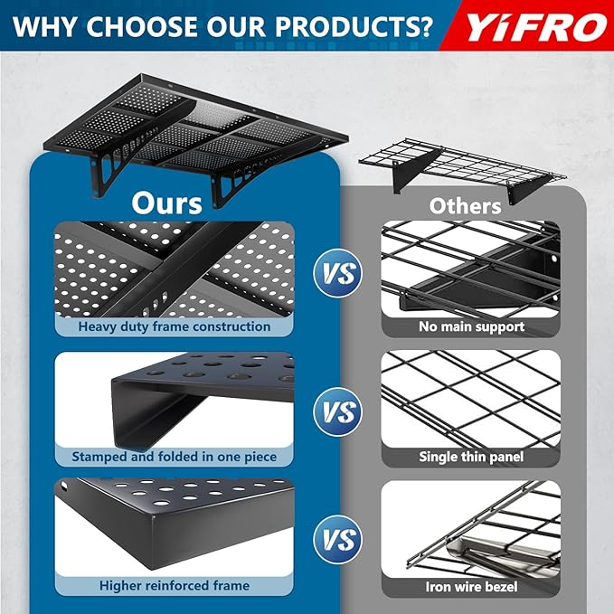 4-Pack 2x3ft Heavy Duty Garage Wall Shelving, 1000 lbs Load Capacity, Garage Shelving Wall Mounted, Garage Storage Rack with Hooks, Black