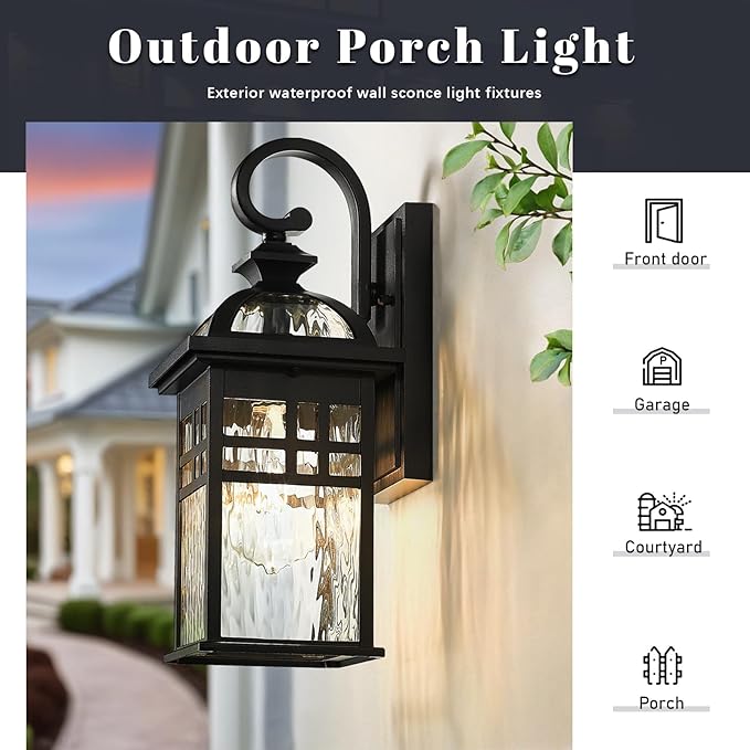 2-Pack Outdoor Wall Lanterns Exterior Waterproof Wall Sconce Light Fixture Black Outdoor Lighting Fixture with Water Ripple Glass Shade Outside Porch Light for Garage Patio and Doorway