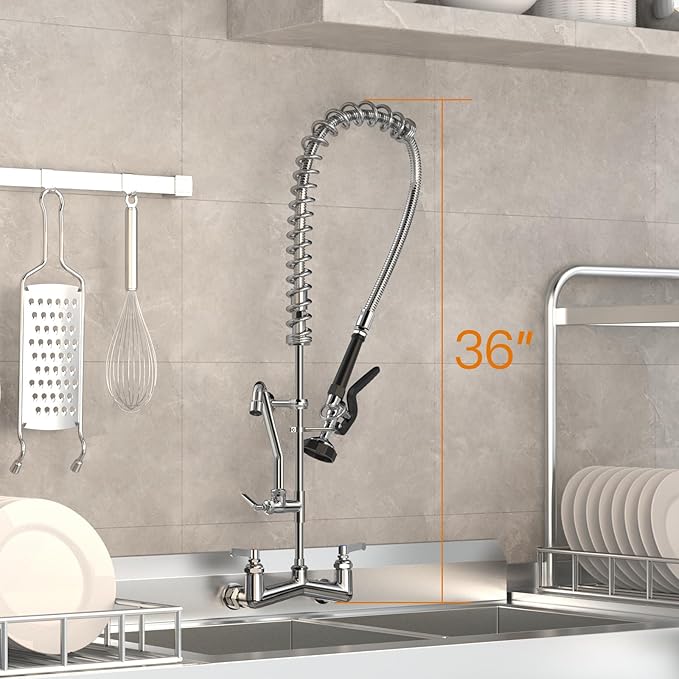 Commercial Sink Faucet with Sprayer 36"Height 8"Center Brass Constructed Wall Mount Commercial Kitchen Faucet with Pull Down Pre-Rinse Sprayer and 12" Swing Spout for 2/3 Compartment Sink(36")