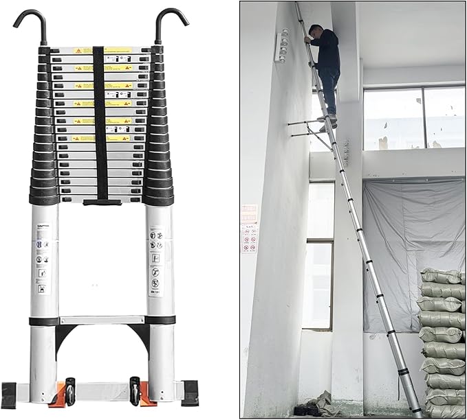 JADDUO 27.9FT Telescoping Ladder Aluminum Lightweight Extension Ladder with 2 Triangle Stabilizers Collapsible Attic & RV Travel Ladder for Home & Outdoor