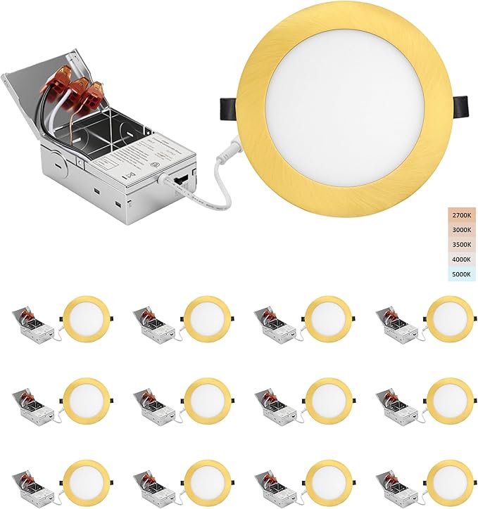6-inch LED Recessed Lights - Slim Recessed Ceiling Light with Junction Box, 12W 5CCT Canless Lighting Fixture, Dimmable, Easy Install for Bedroom, Kitchen, Living Room, 12 Pack, Shiny Gold