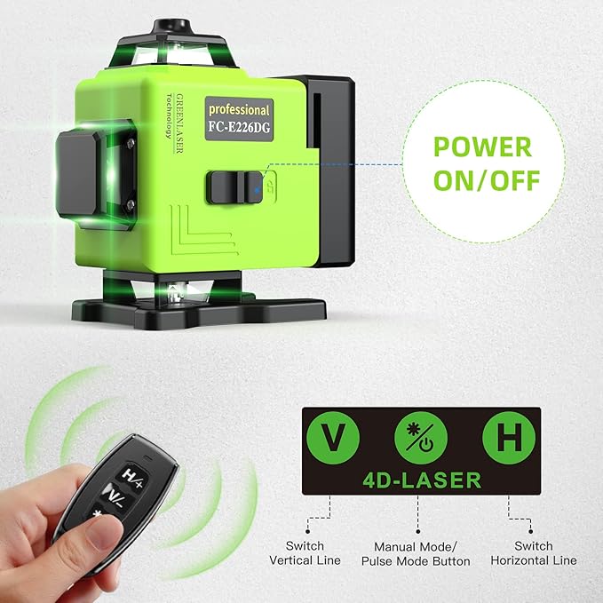 16 Lines Laser Level 360 Self Leveling, 4x360° 4D Green Beam Cross Line Lazer Level with 2 Batteries,360°Horizontal/Vertical Line Laser Remote Control for Tiling Floor Construction and Picture Hanging