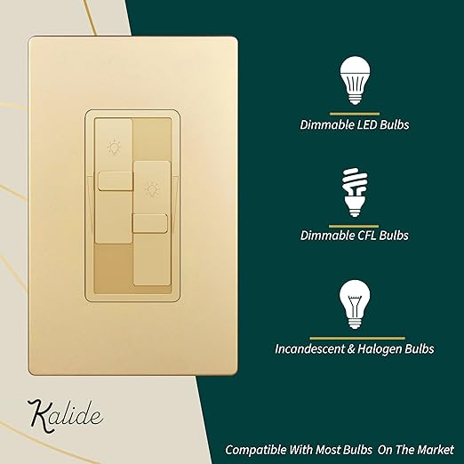 TOPGREENER Elite Series Kalide Dual Load Dimmer Light Switch, Double LED Dimmer Switch, Full Range Dimming, Single Pole, 120VAC, 60Hz, 200W LED/CFL, Neutral Wire Not Required, TGDDS-GD, Gold