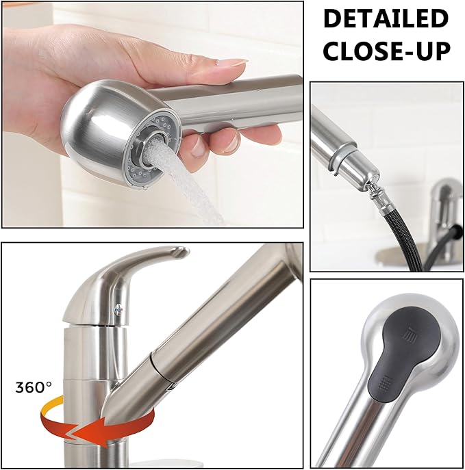 Comllen Commercial Pull Out Kitchen Faucet Brushed Nickel, Stainless Steel Single Handle Small Kitchen Sink Faucet, Single Hole Low Kitchen Faucets with Sprayer, Deck Plate