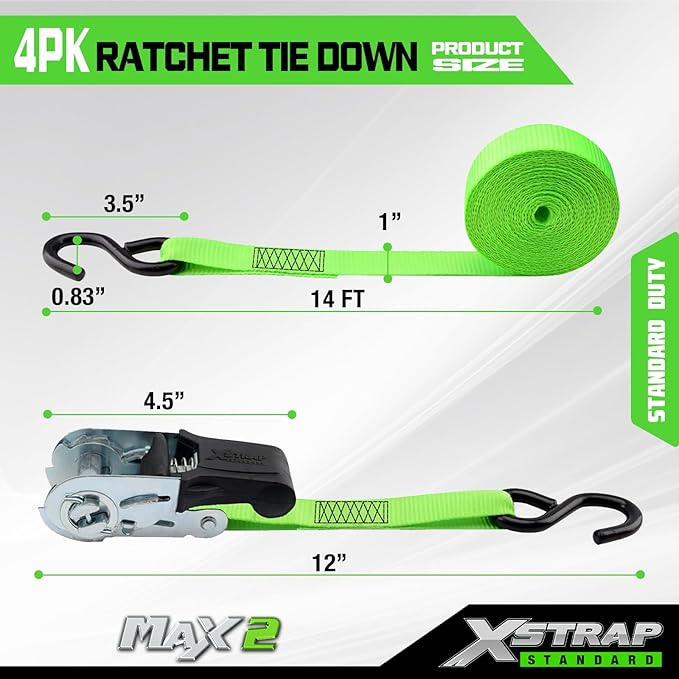 XSTRAP STANDARD Ratchet Tie Down Straps 4 Pk 15Ft- 500 Lbs Load Cap- 1500 Lb Break Strength-Cargo Straps for Moving Appliances, Lawn Equipment, Motorcycle