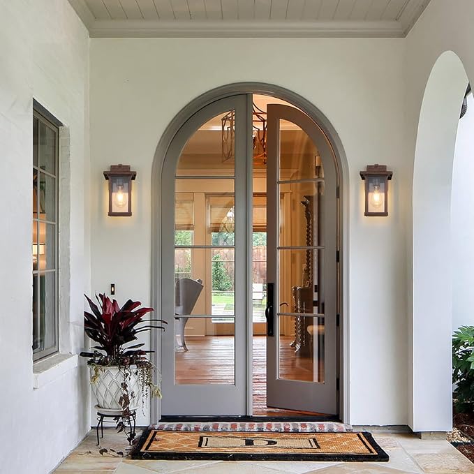 Outdoor Wall Sconce, Outside Porch Light Fixtures, Anti-Rust Exterior Wall Lights in Brown Finish with Clear Glass for Garage Doorway Entryway, 2 Pack