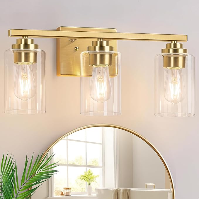 3-Light Bathroom Light Fixtures, 19" Modern Vanity Lights Over Mirror with Clear Glass Shades, Gold Light Fixture, Classic Wall Light Fixture for Mirror Living Room Cabinet Bedroom Porch