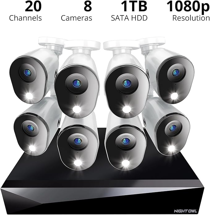 Night Owl 2-Way Audio 20 Channel DVR Video Home Security Camera System with (8) Wired 1080p HD Indoor/Outdoor Deterrence Cameras and 1TB Hard Drive (Add up to 4 Wi-Fi Cameras) (8 Camera)