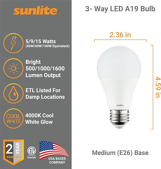 Sunlite 70324 3-Way LED A19 Light Bulb, 5/9/15 Watts (40W 60W 100W Equivalent), 500-1000-1600 Lumens, Medium E26 Base, Omni-Directional, ETL Listed, Frost, 4000K Cool White, 1 Count