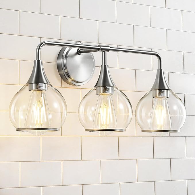 Brushed Nickel Bathroom Vanity Light 3 Lights Bathroom Light Fixtures Over Mirror with Clear Glass Shade 22.4 inch Wall Sconces Lighting Bath(Exclude E26 Bulb)